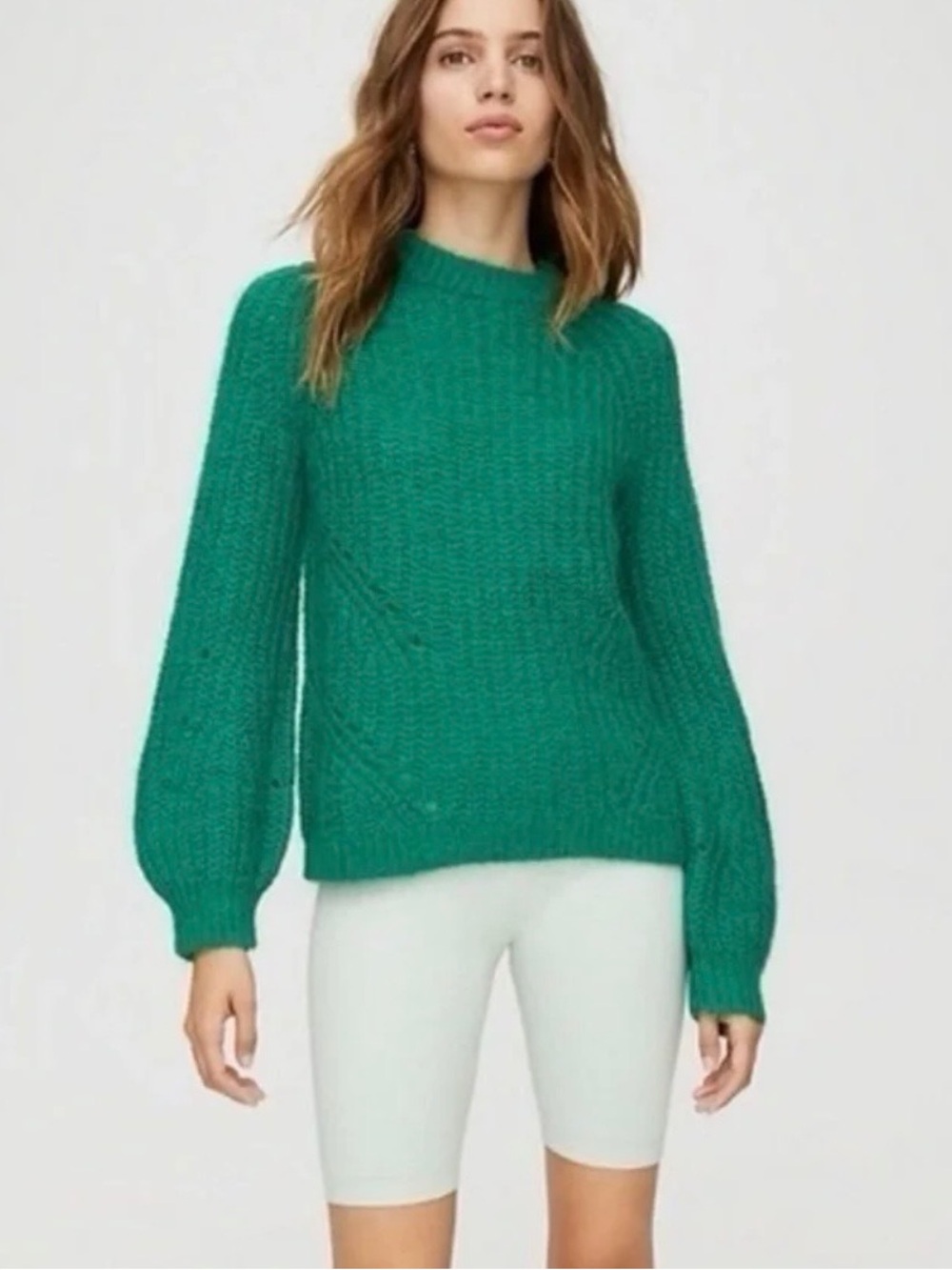 Aritzia Emerald Green Cable-Knit Balloon Sleeve Sweater